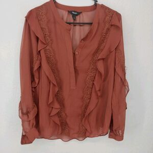 Simply Vera Wang Rust Red Sheer Ruffle Lace Blouse Going Out Top Size S